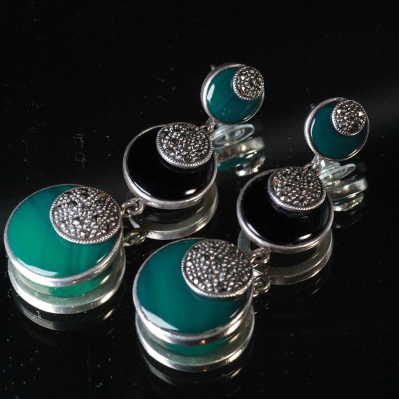 STERLING SILVER DECO ONYX CHALCEDONY LONG EARRINGS - Picture 9 of 12